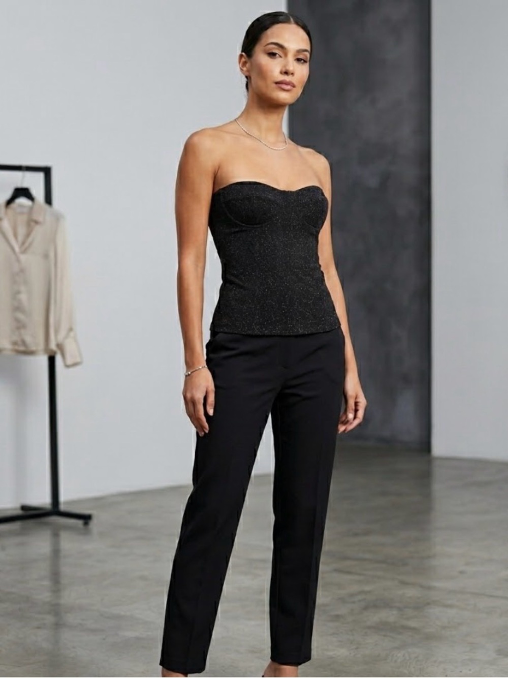 ZARA Black Shimmer Strapless Corset Bustier Top Sculpt Fabric NWT Size L
